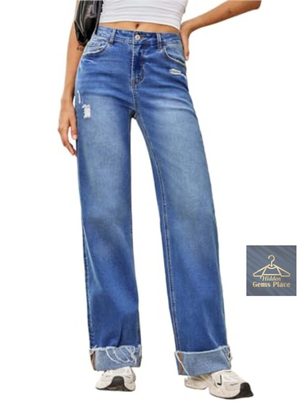 High Waisted Wide Leg Distressed Stretch Jeans
